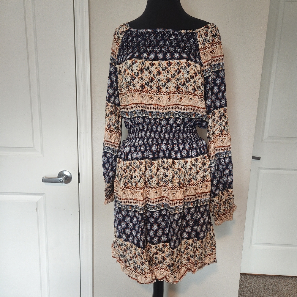 Blue and Orange Bateau Neck Long Sleeve Sundress